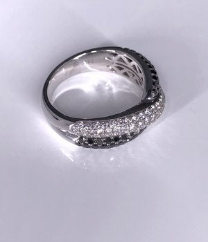 Black and White Diamond Crisscross Ring 14k White Gold Finger Size 6.5