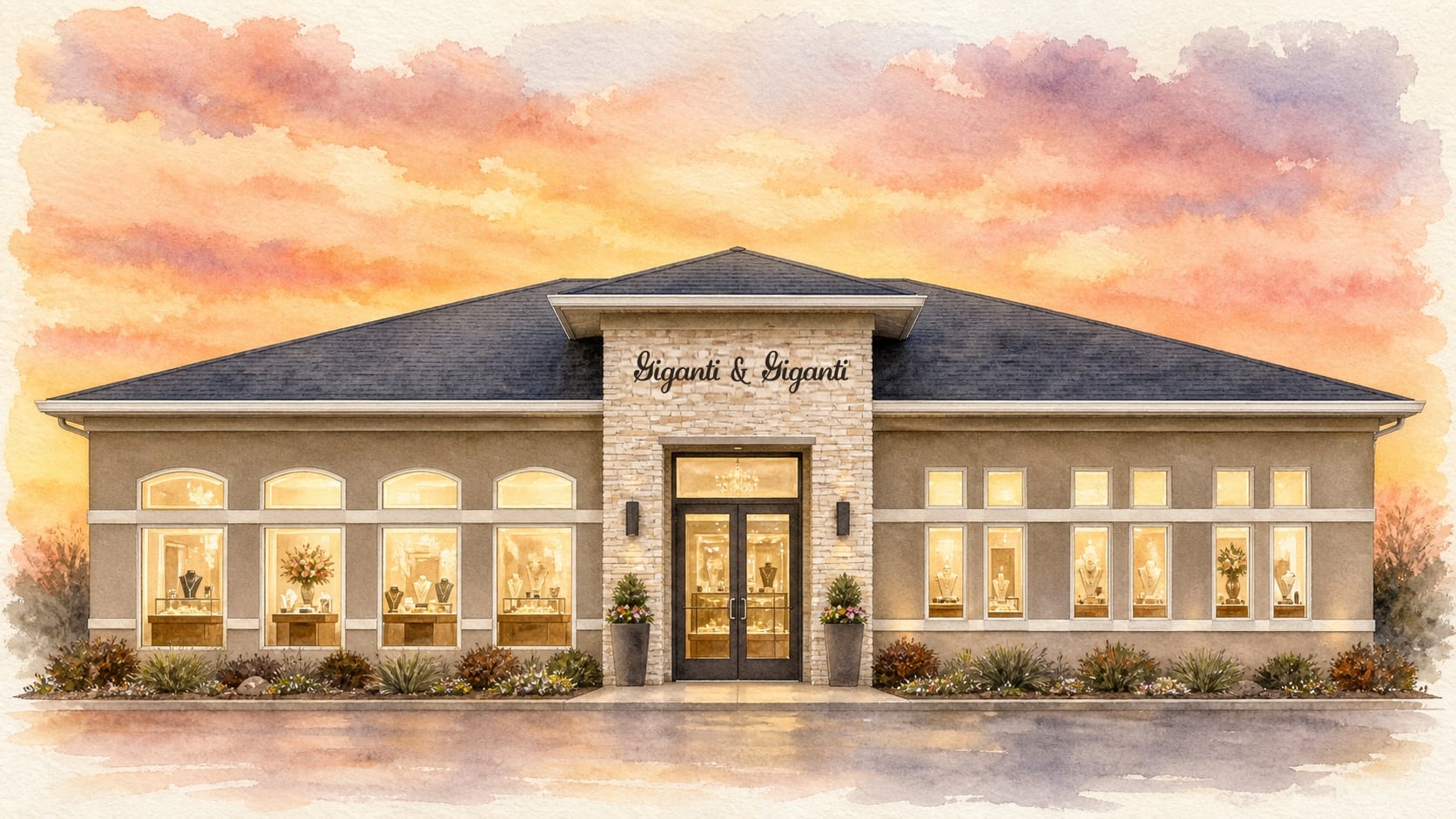 Watercolor illustration of the Giganti & Giganti showroom in Springfield, Illinois